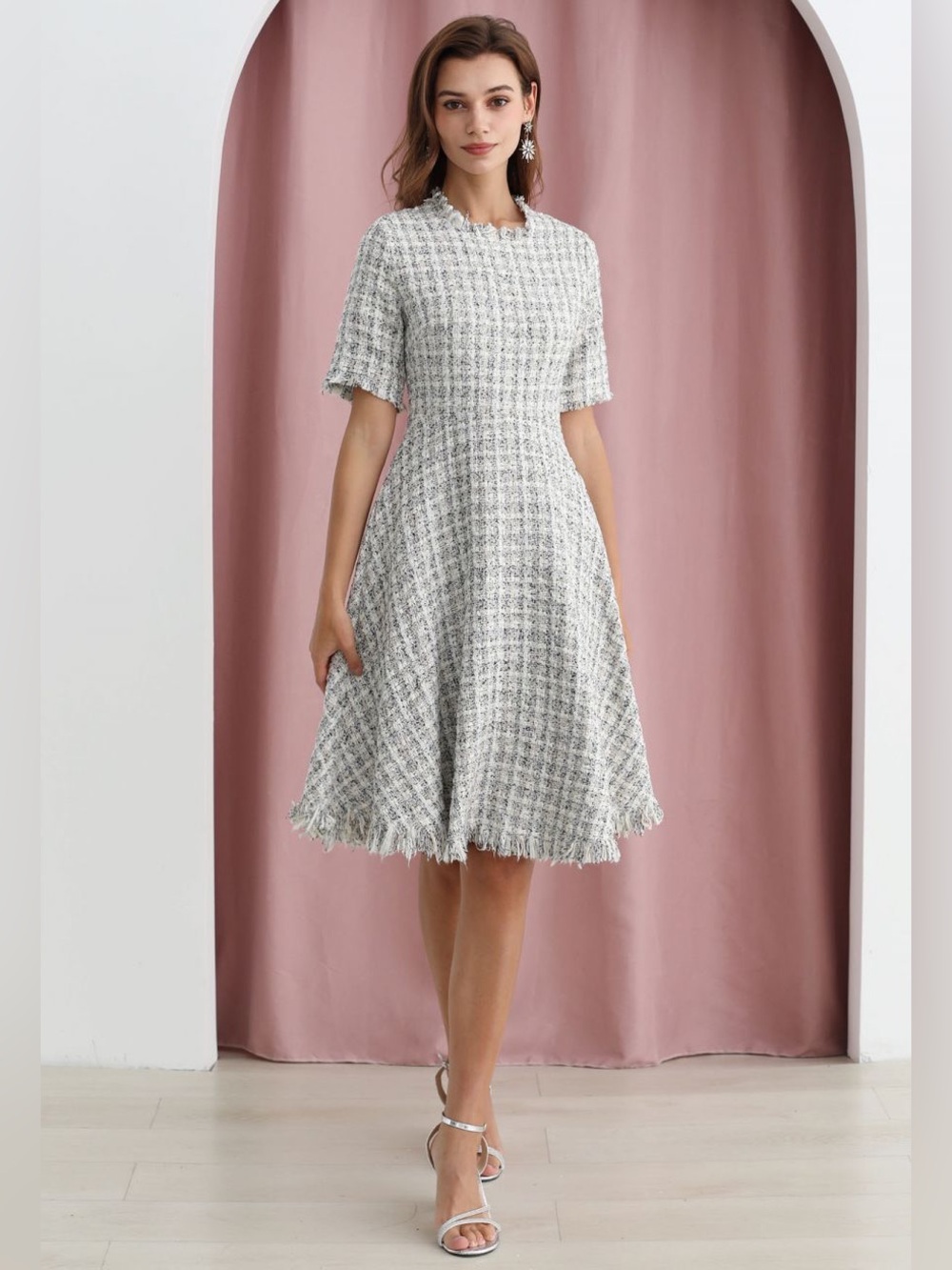Chicwish Cream and Gray Tweed Fringe Midi Dress